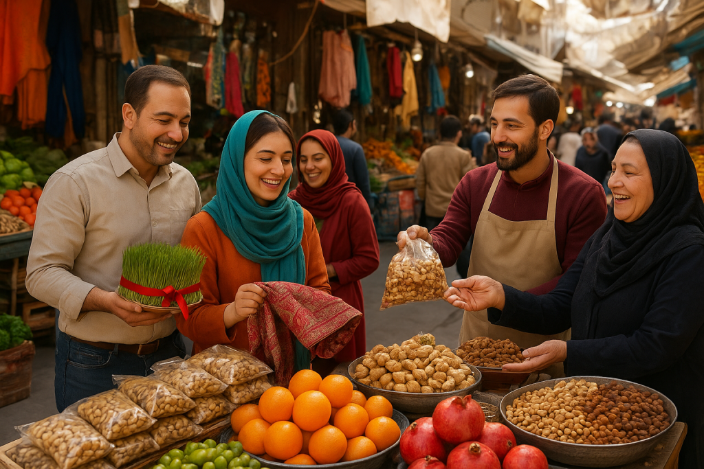 «عکسی واقعی از بازار نوروزی با حضور فروشندگان و خریداران خوشحال در حال خرید سبزه، آجیل، سیب، پرتقال و خیار