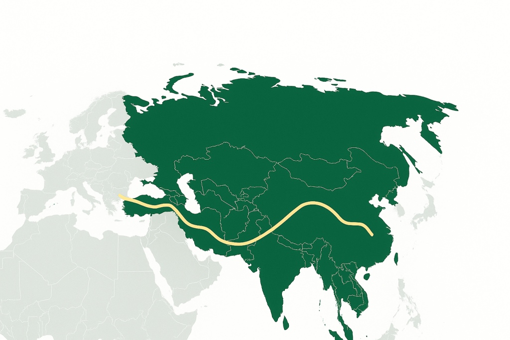نقشه کشورهای حوزه نوروز با رنگ سبز زیتونی و مسیر جاده ابریشم با رنگ زیتونی روشن که جایگاه تاریخی و اقتصادی منطقه را نشان میدهد