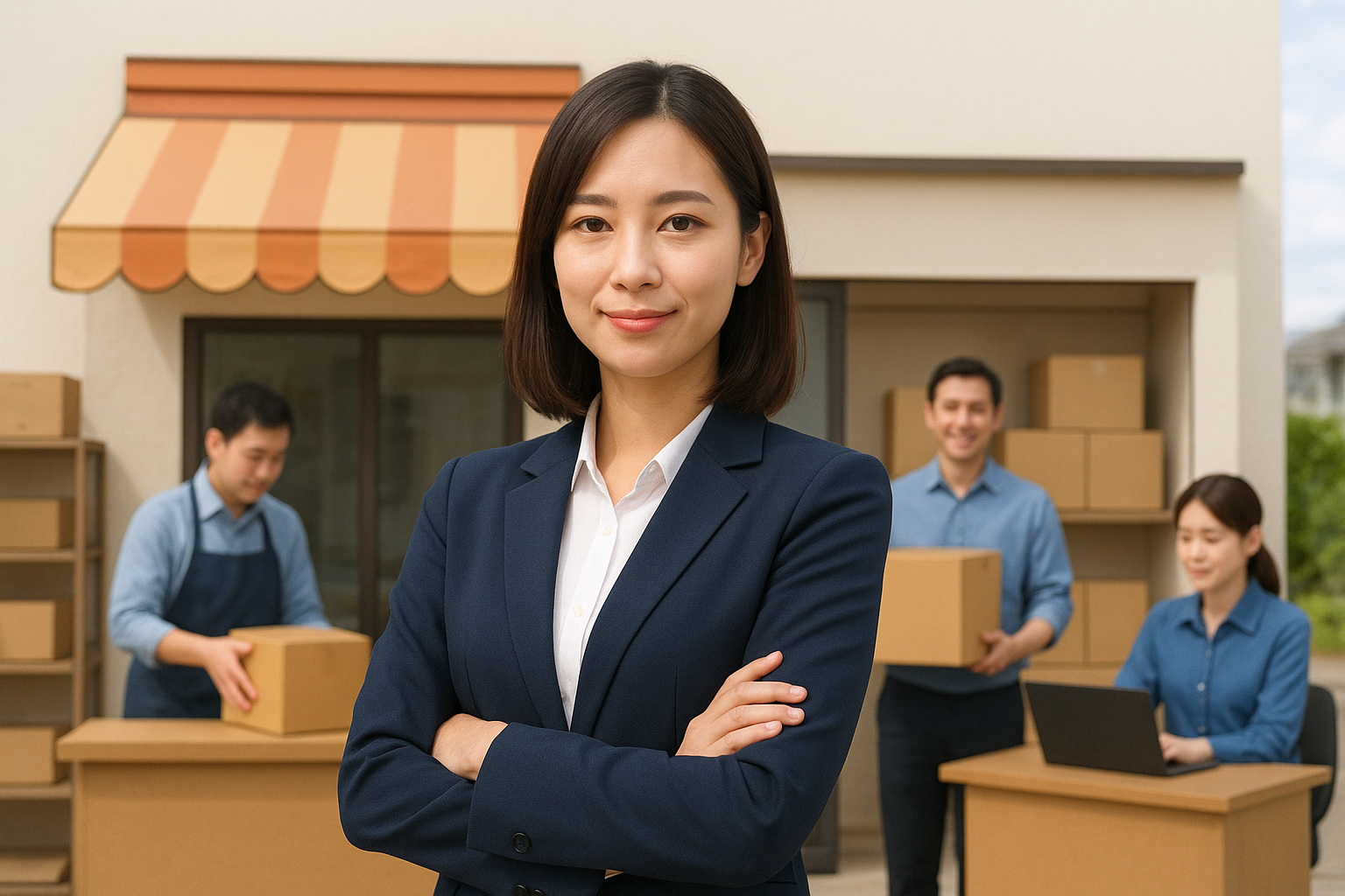 کارآفرین جوان در مقابل فروشگاه کوچک با کارکنانی در حال فعالیت، نماد رونق کسب‌وکارهای کوچک و متوسط